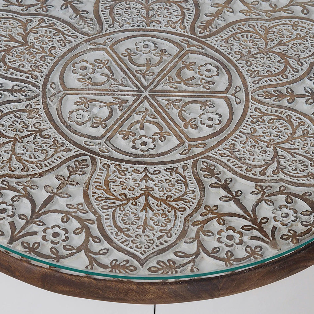 Luxury Hand-Carved Glass Top Side Table