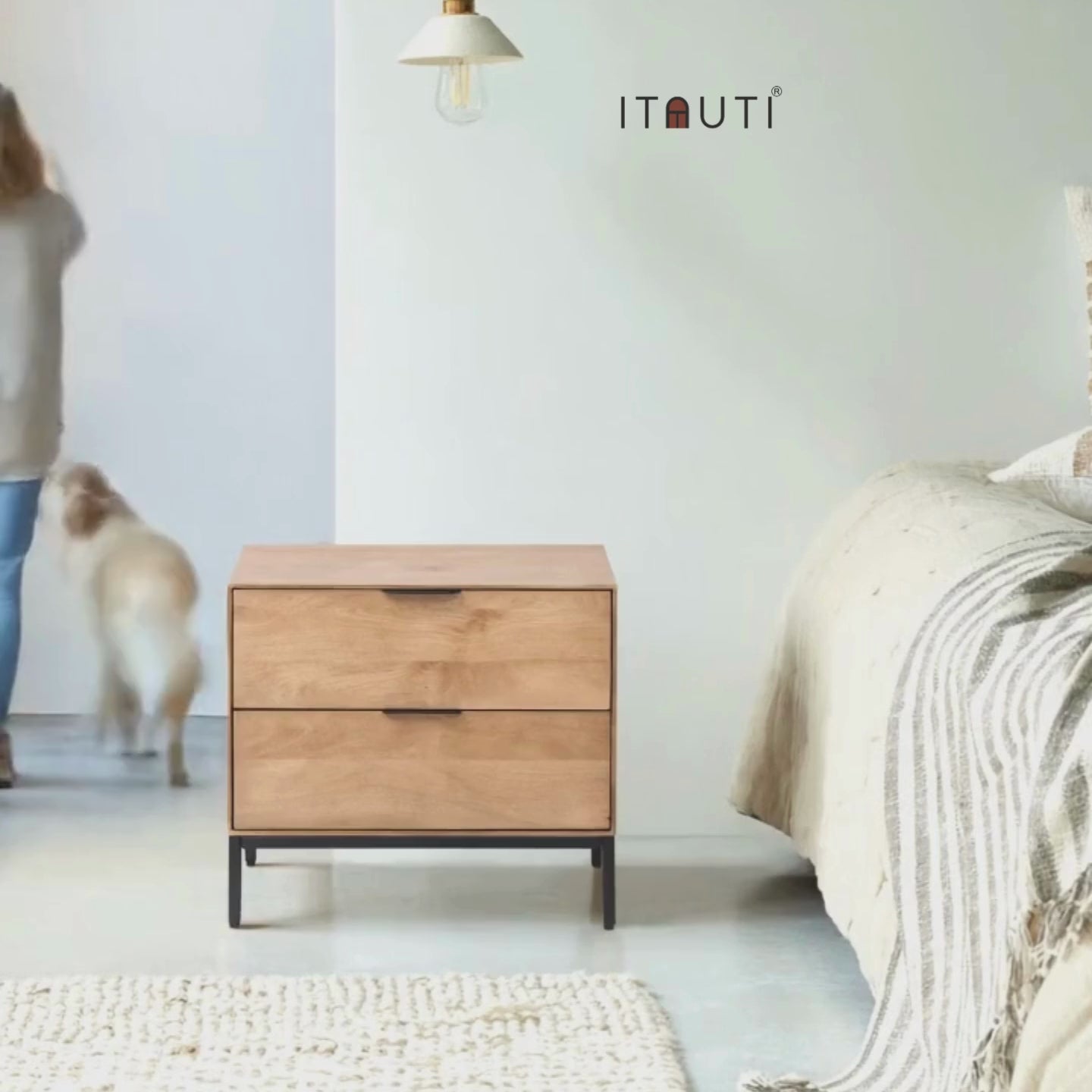 2 Drawer Modern Natural Wood Bedside Table