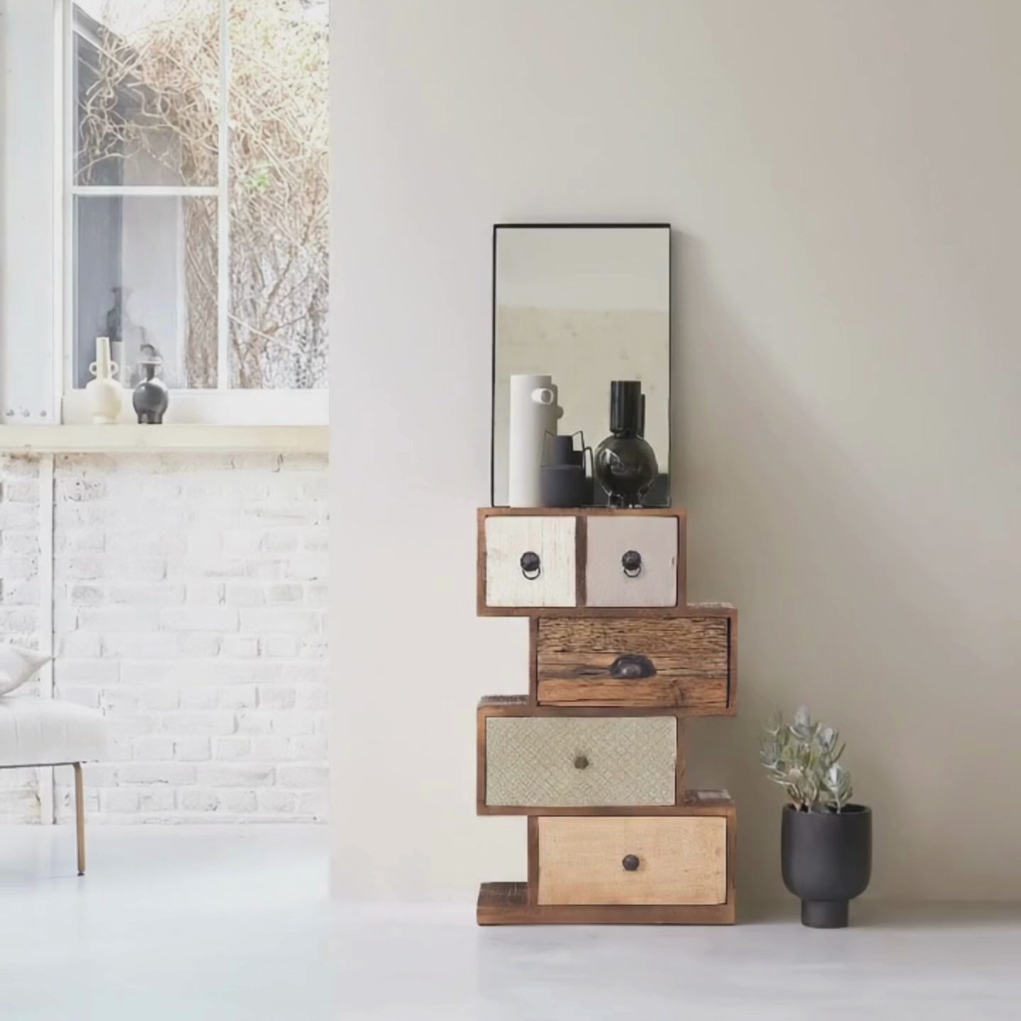 5-Drawer Storage Cabinet with Zig-Zag Design | Mango Wood & Metal Clad Chest of Drawers