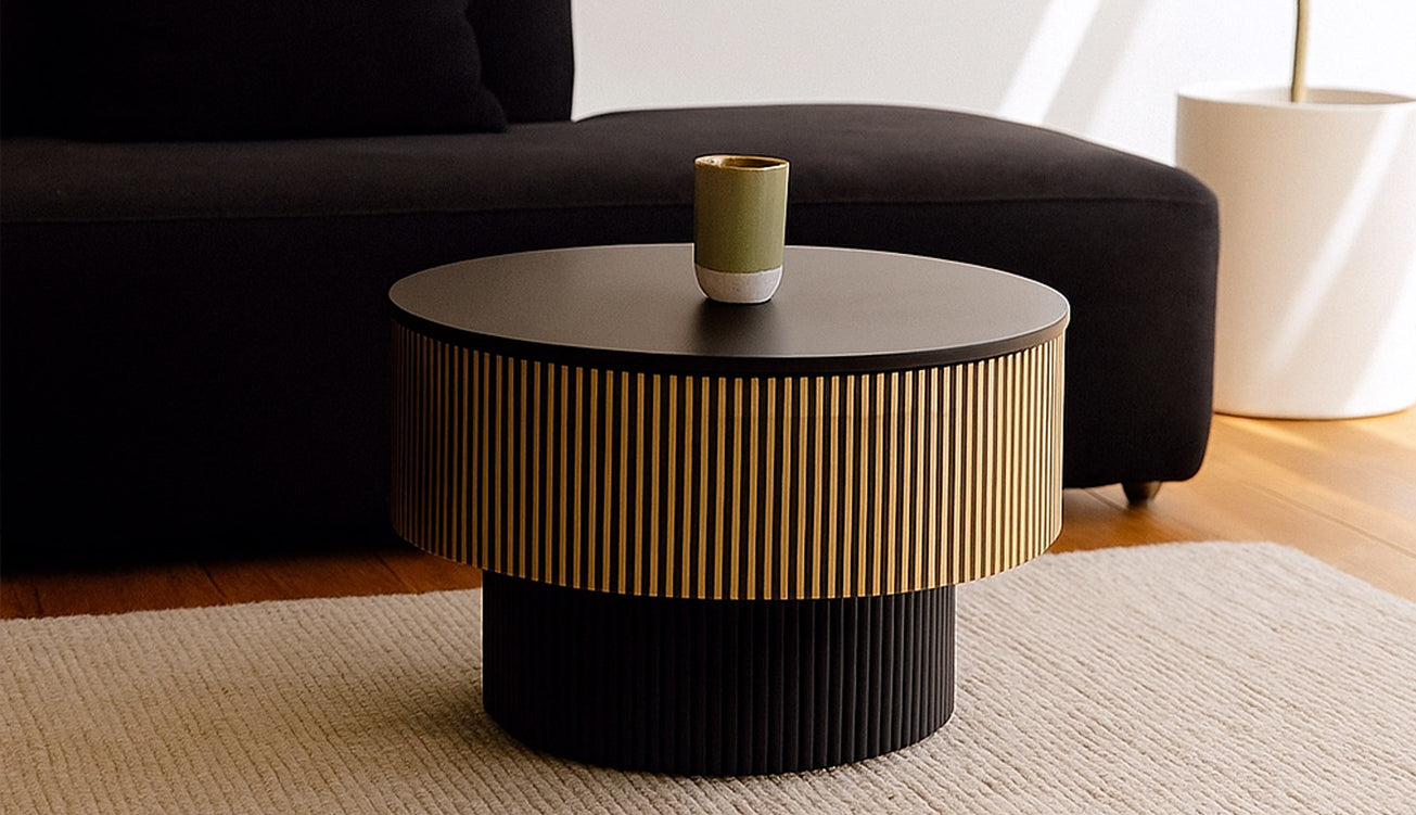Cladding Board Table Modern Round Coffee Table with Metal Cladding – Black & Gold Designer ...